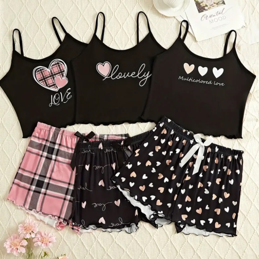 Casual Heart & Letter Print Frill Trim Pajama 2-pc Set